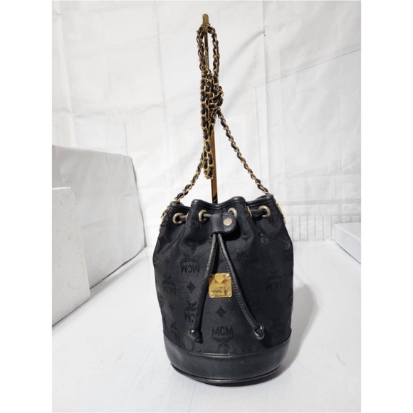 Authentic MCM Vintage Nylon Visetos Chain Bucket Drawstring Bag Black - Picture 1 of 13